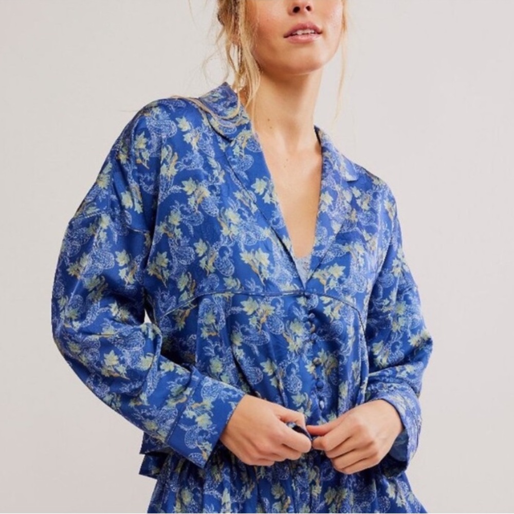 Free People Beauty Sleep PJ Top in Blue NWT